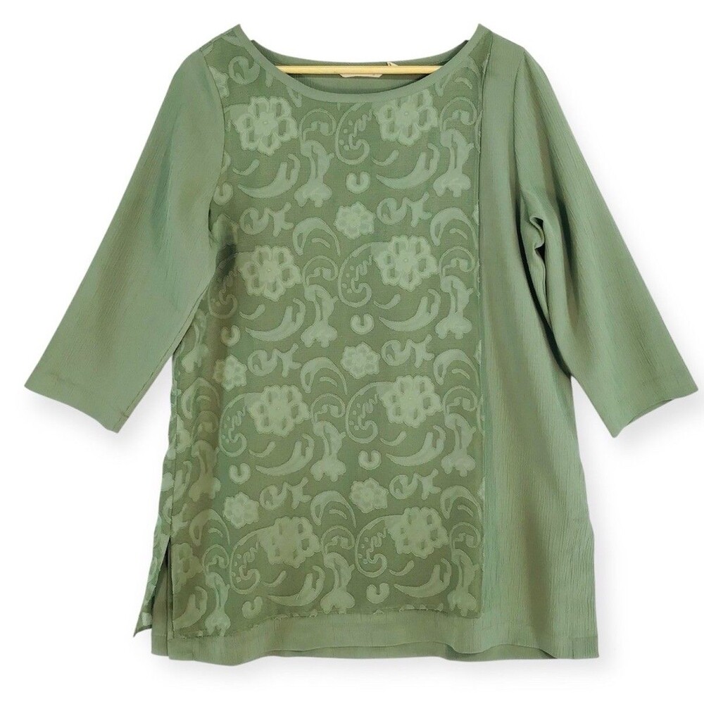 Soft Surroundings Tunic Top Women's Medium 3/4 Sleeve Green Embroidered Overlay